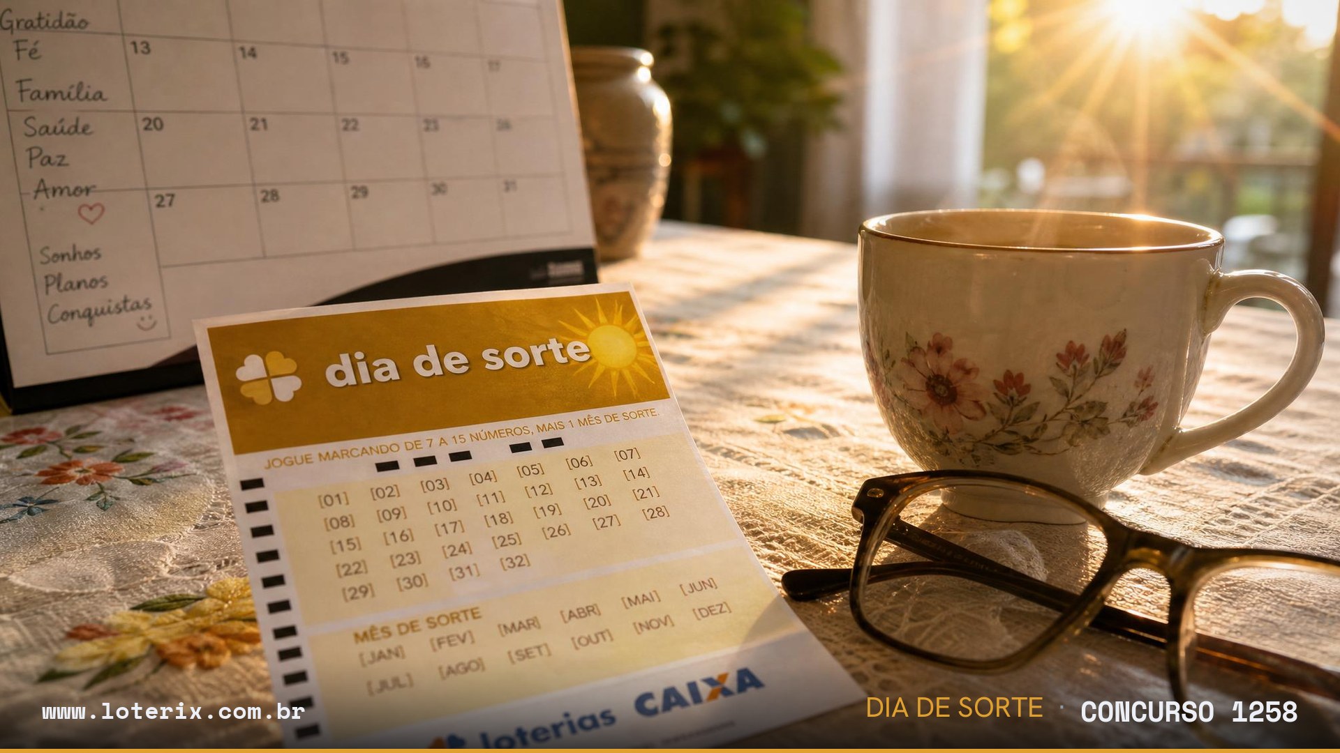 Dezenas sorteadas da Dia de Sorte 1258: 01, 06, 12, 14, 23, 26, 27