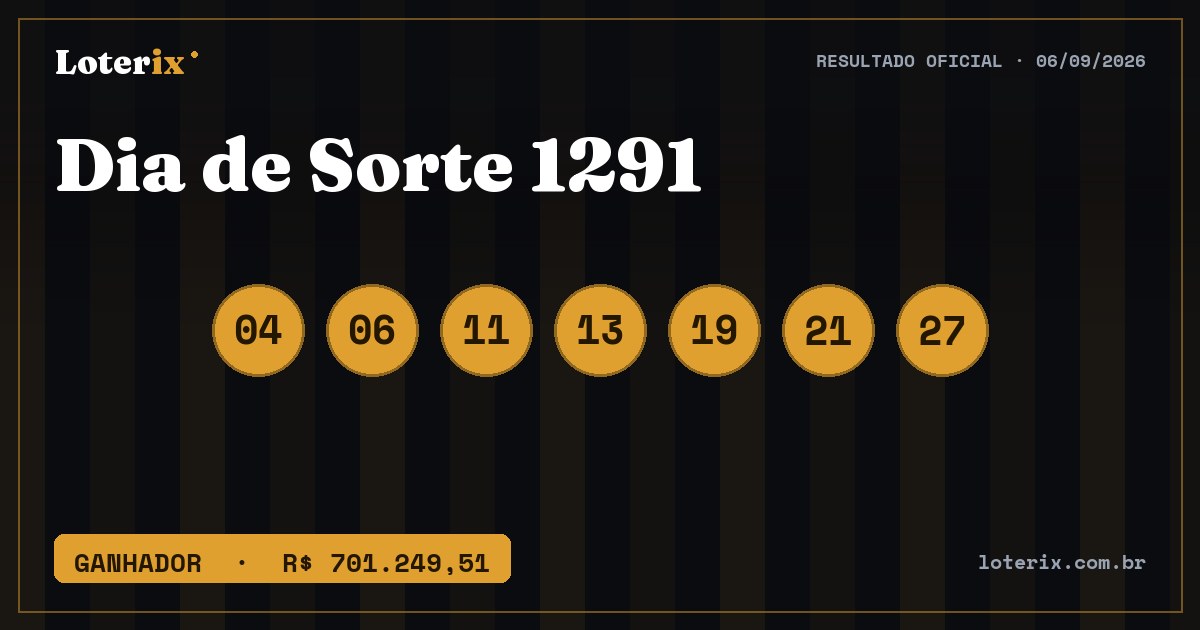 Dezenas sorteadas da Dia de Sorte 1291: 04, 06, 11, 13, 19, 21, 27