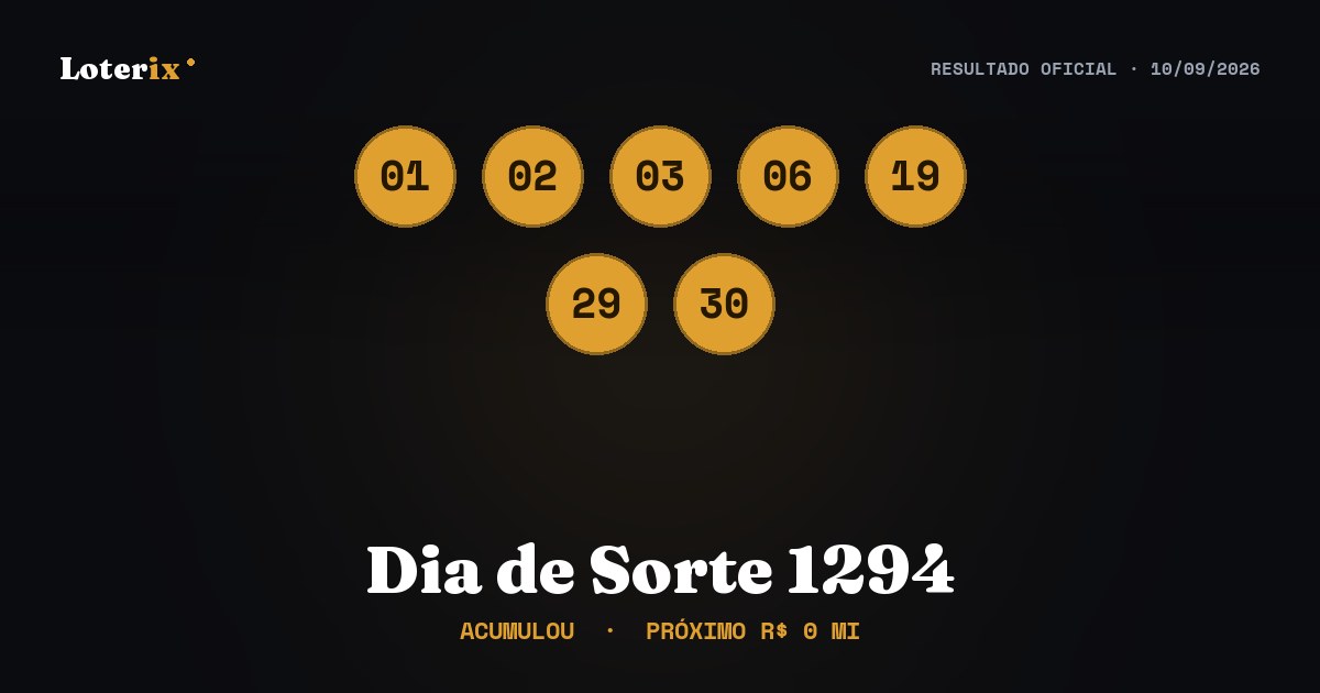 Dezenas sorteadas da Dia de Sorte 1294: 01, 02, 03, 06, 19, 29, 30