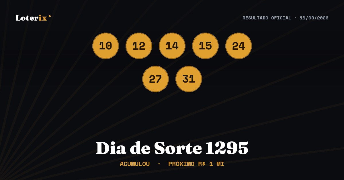 Dezenas sorteadas da Dia de Sorte 1295: 10, 12, 14, 15, 24, 27, 31
