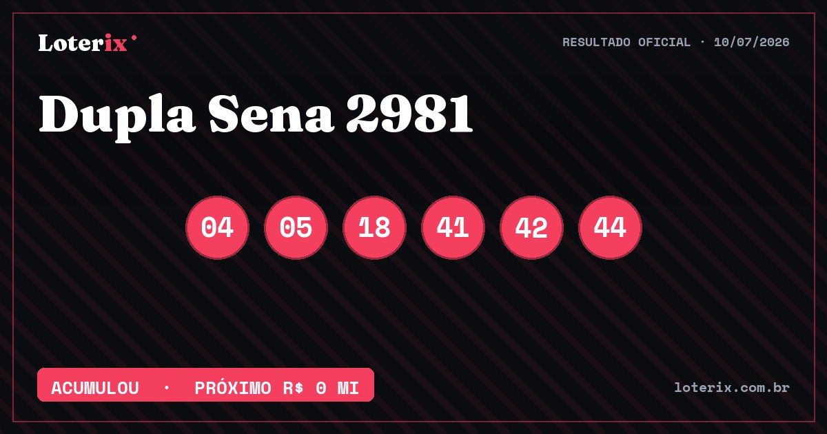 Dezenas sorteadas da Dupla Sena 2981: 04, 05, 18, 41, 42, 44