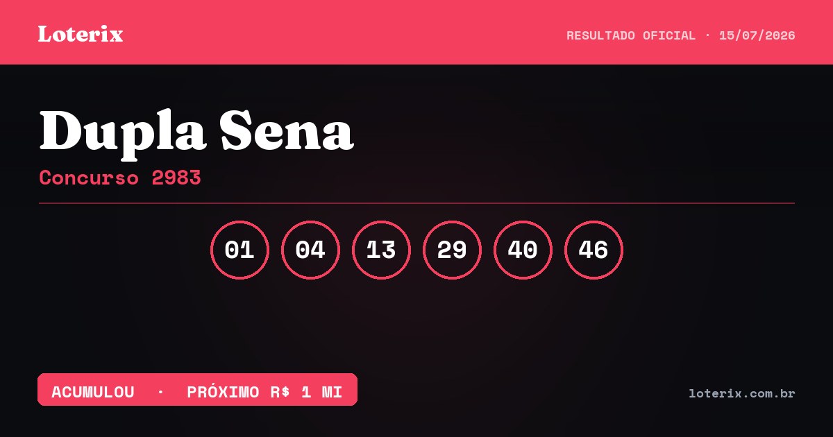 Dezenas sorteadas da Dupla Sena 2983: 01, 04, 13, 29, 40, 46