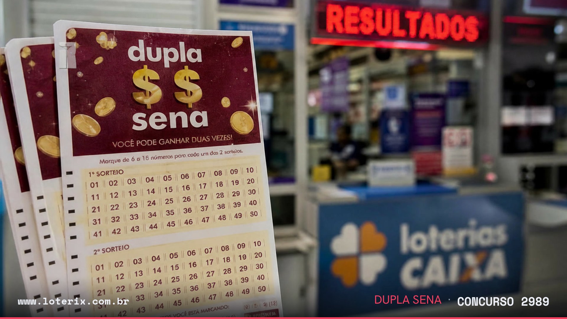Dezenas sorteadas da Dupla Sena 2989: 13, 22, 36, 44, 46, 47