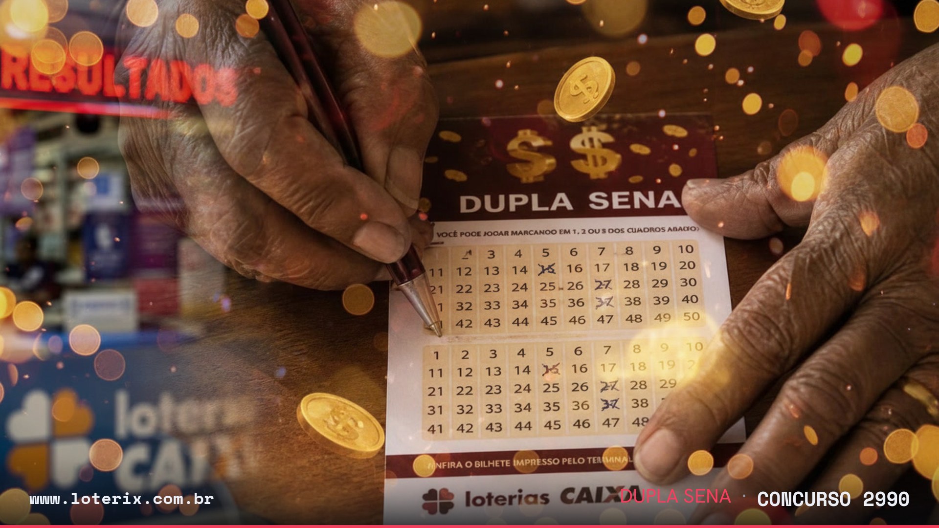 Dezenas sorteadas da Dupla Sena 2990: 11, 13, 14, 25, 35, 38