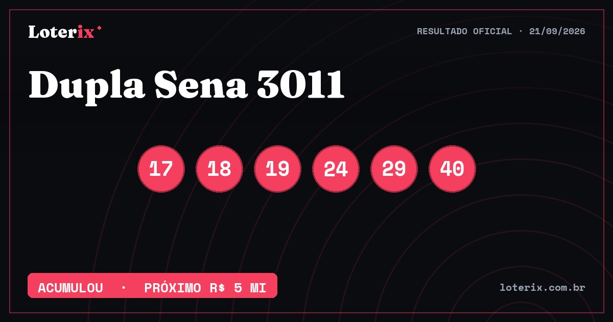 Dezenas sorteadas da Dupla Sena 3011: 17, 18, 19, 24, 29, 40