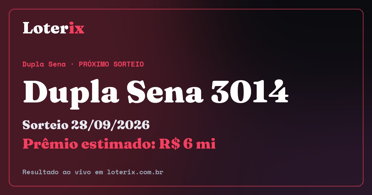 Resultado da Dupla Sena 3014: sorteio 28/09/2026, prêmio estimado R$ 6 mi. Confira as dezenas ao vivo no Loterix.
