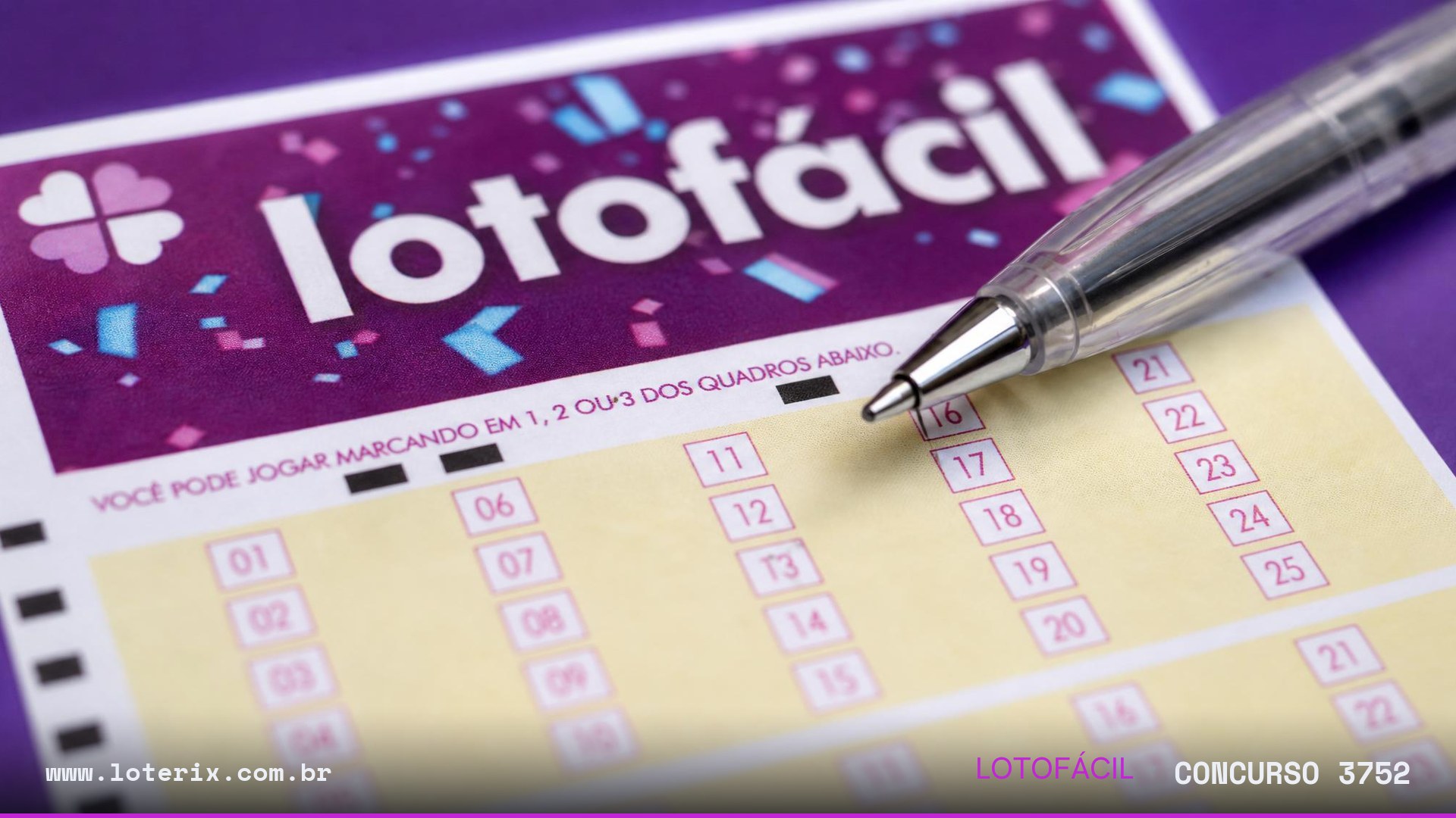 Dezenas sorteadas da Lotofácil 3752: 02, 03, 06, 07, 09, 10, 11, 12, 13, 14, 15, 16, 17, 21, 24