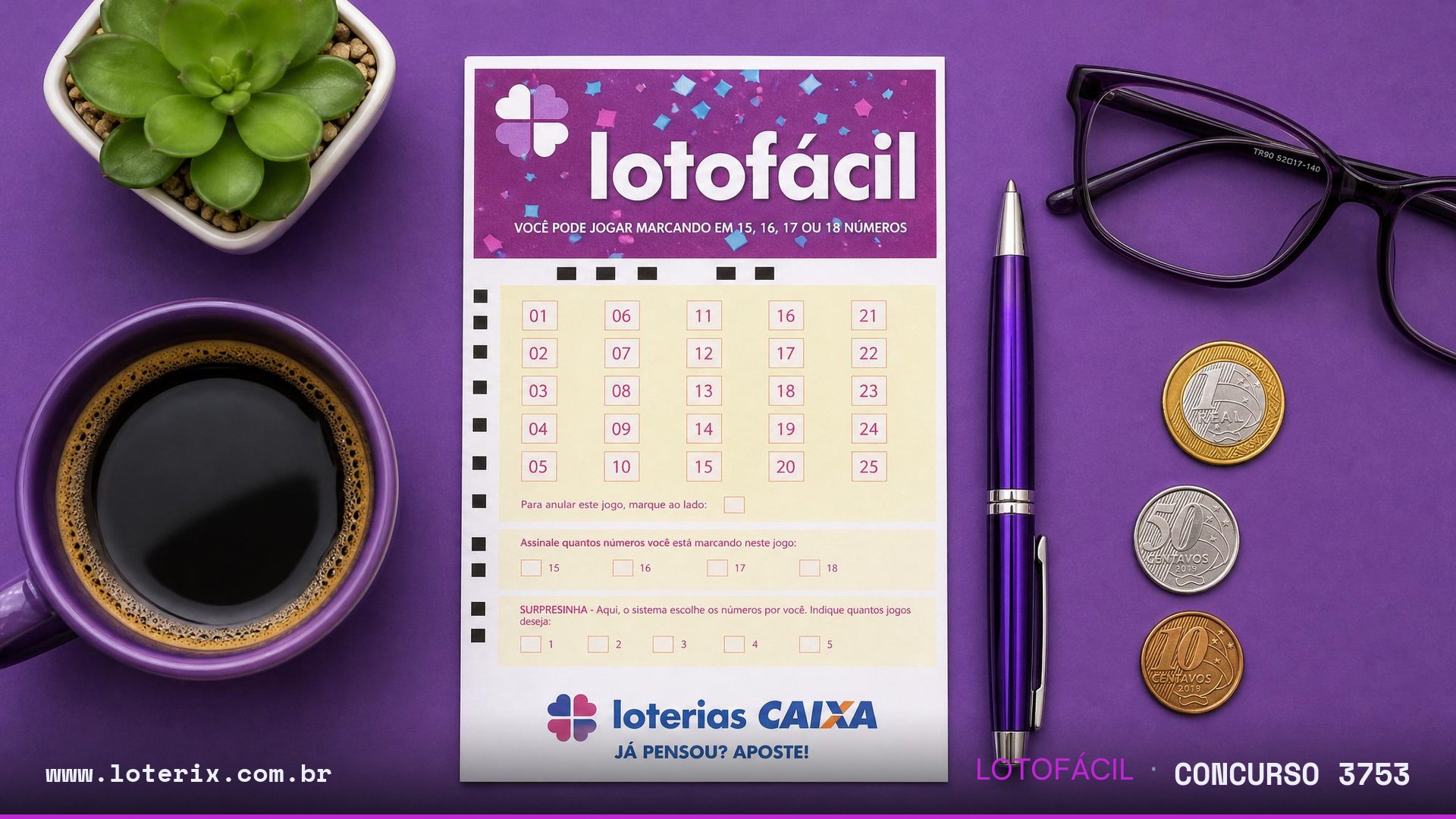 Dezenas sorteadas da Lotofácil 3753: 01, 02, 04, 06, 08, 09, 14, 15, 16, 17, 19, 21, 22, 24, 25