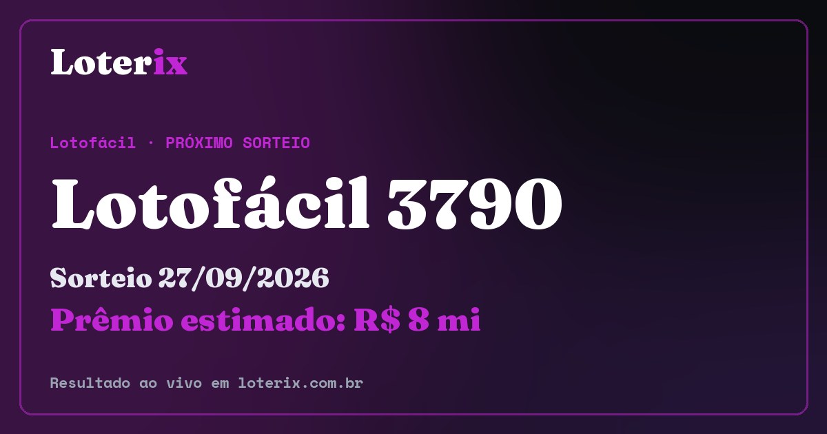 Resultado da Lotofácil 3790: sorteio 27/09/2026, prêmio estimado R$ 8 mi. Confira as dezenas ao vivo no Loterix.