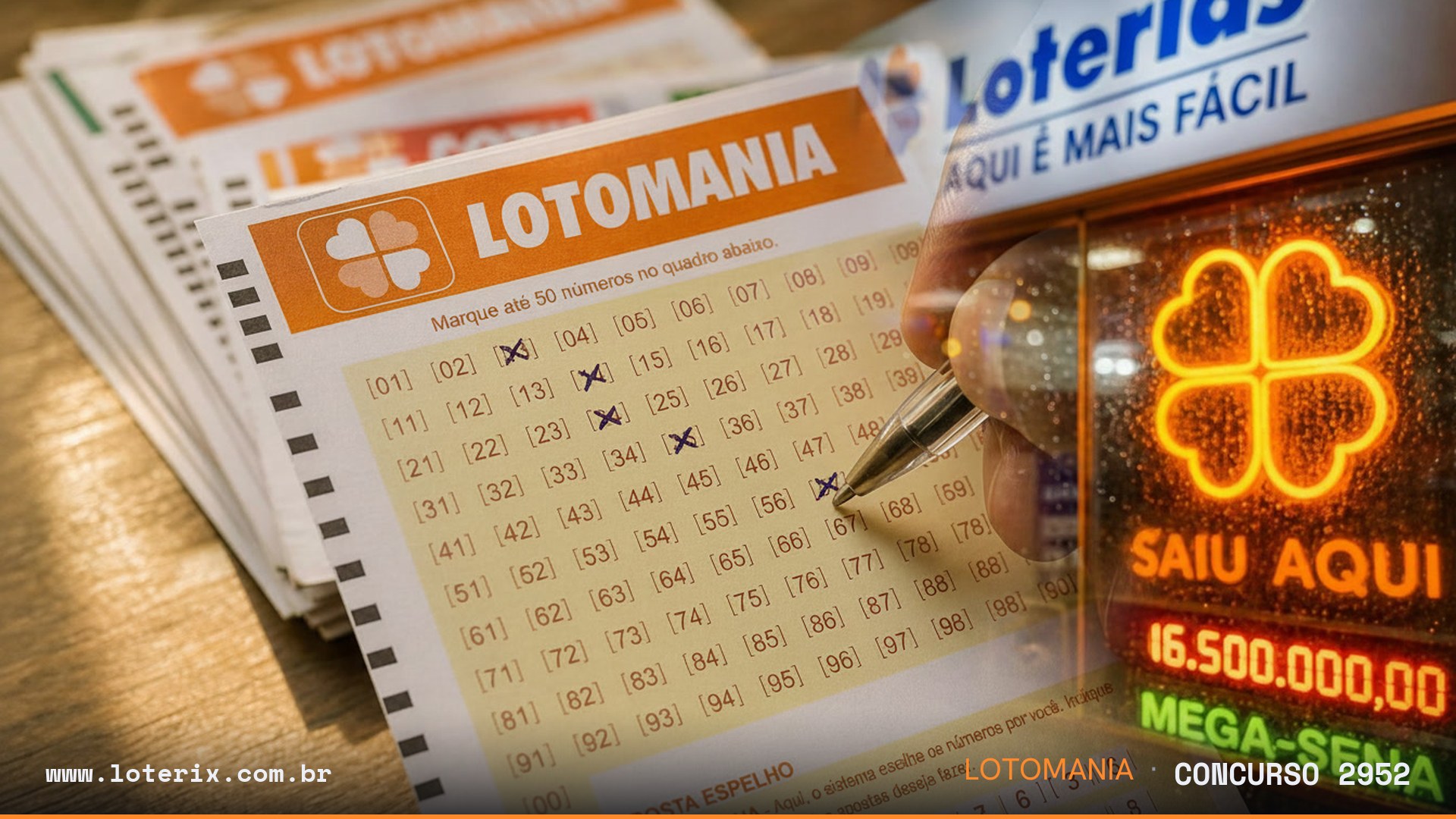 Dezenas sorteadas da Lotomania 2952: 03, 07, 15, 17, 20, 21, 23, 28, 30, 46, 48, 56, 60, 61, 65, 69, 77, 91, 92, 95