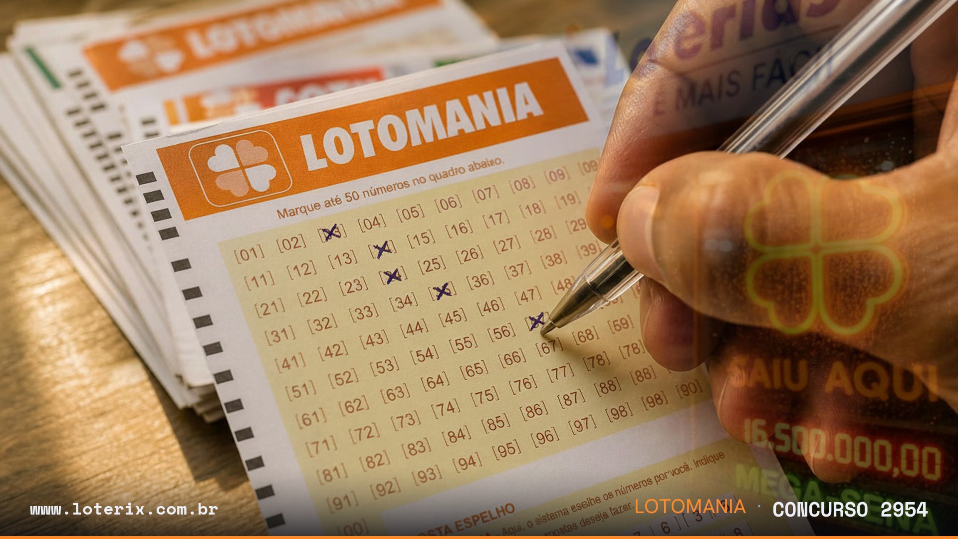 Dezenas sorteadas da Lotomania 2954: 00, 07, 10, 12, 16, 21, 37, 39, 47, 48, 62, 66, 74, 81, 84, 85, 87, 90, 93, 99