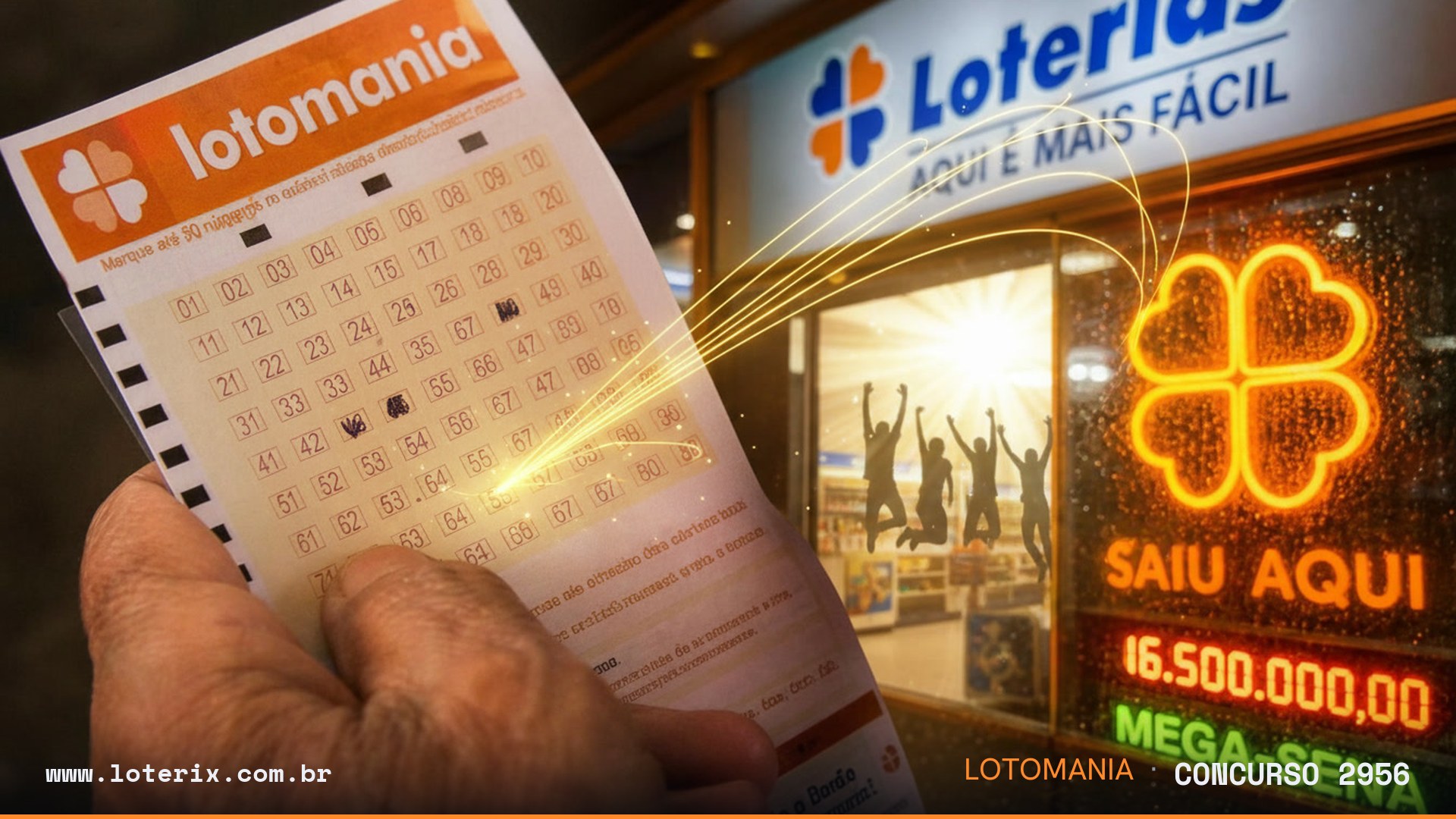 Dezenas sorteadas da Lotomania 2956: 08, 18, 22, 23, 30, 31, 32, 42, 43, 49, 59, 63, 64, 66, 69, 75, 78, 80, 84, 89