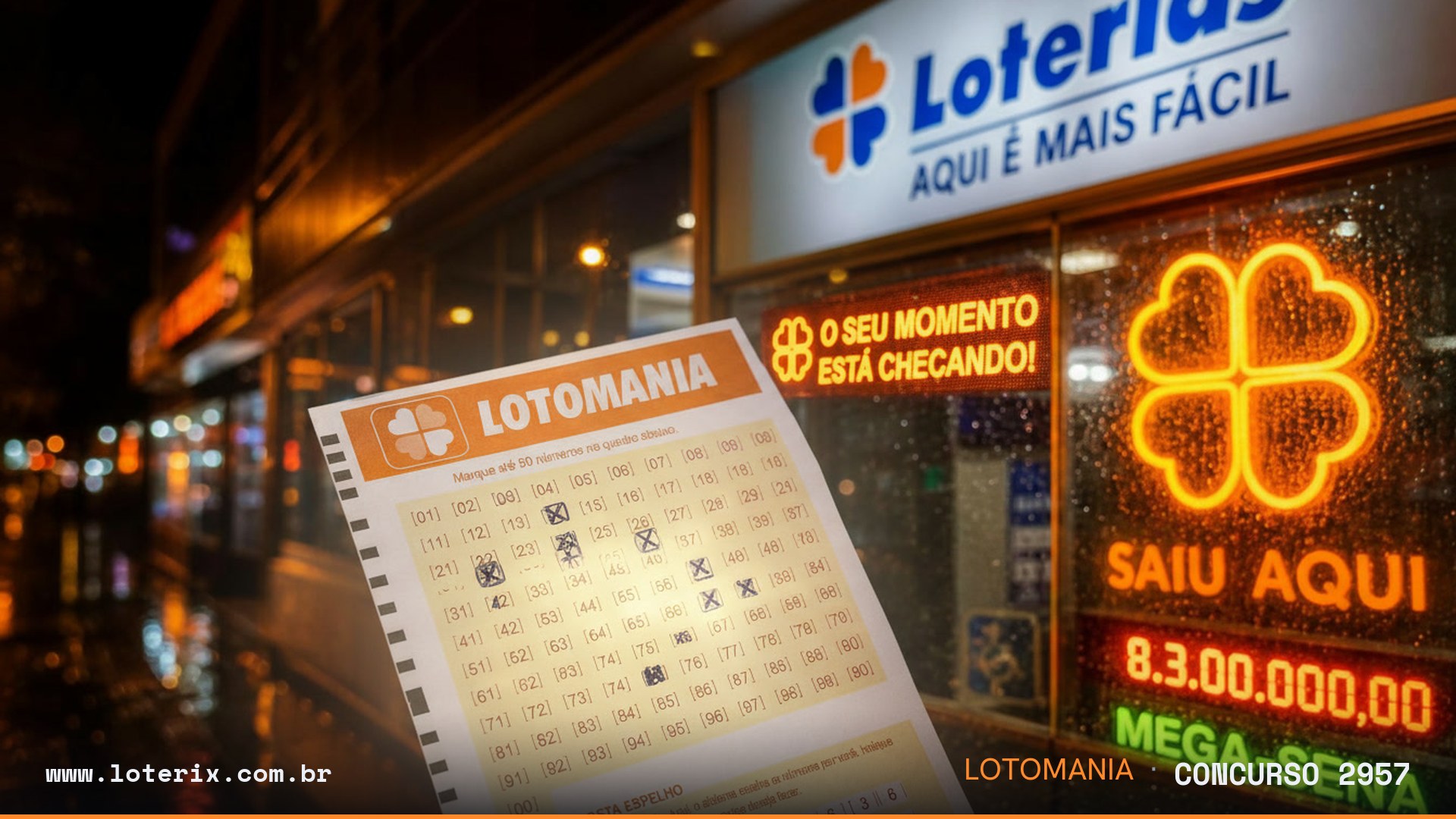 Dezenas sorteadas da Lotomania 2957: 00, 01, 09, 10, 12, 13, 18, 25, 35, 37, 38, 46, 54, 72, 79, 80, 82, 83, 84, 91