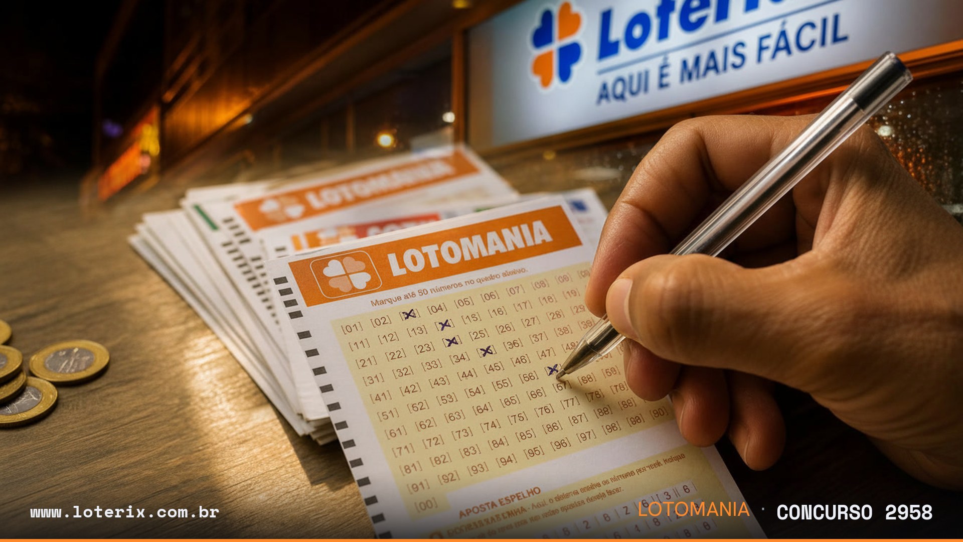 Dezenas sorteadas da Lotomania 2958: 03, 04, 07, 11, 12, 21, 26, 33, 38, 71, 73, 74, 78, 80, 84, 88, 89, 92, 94, 95