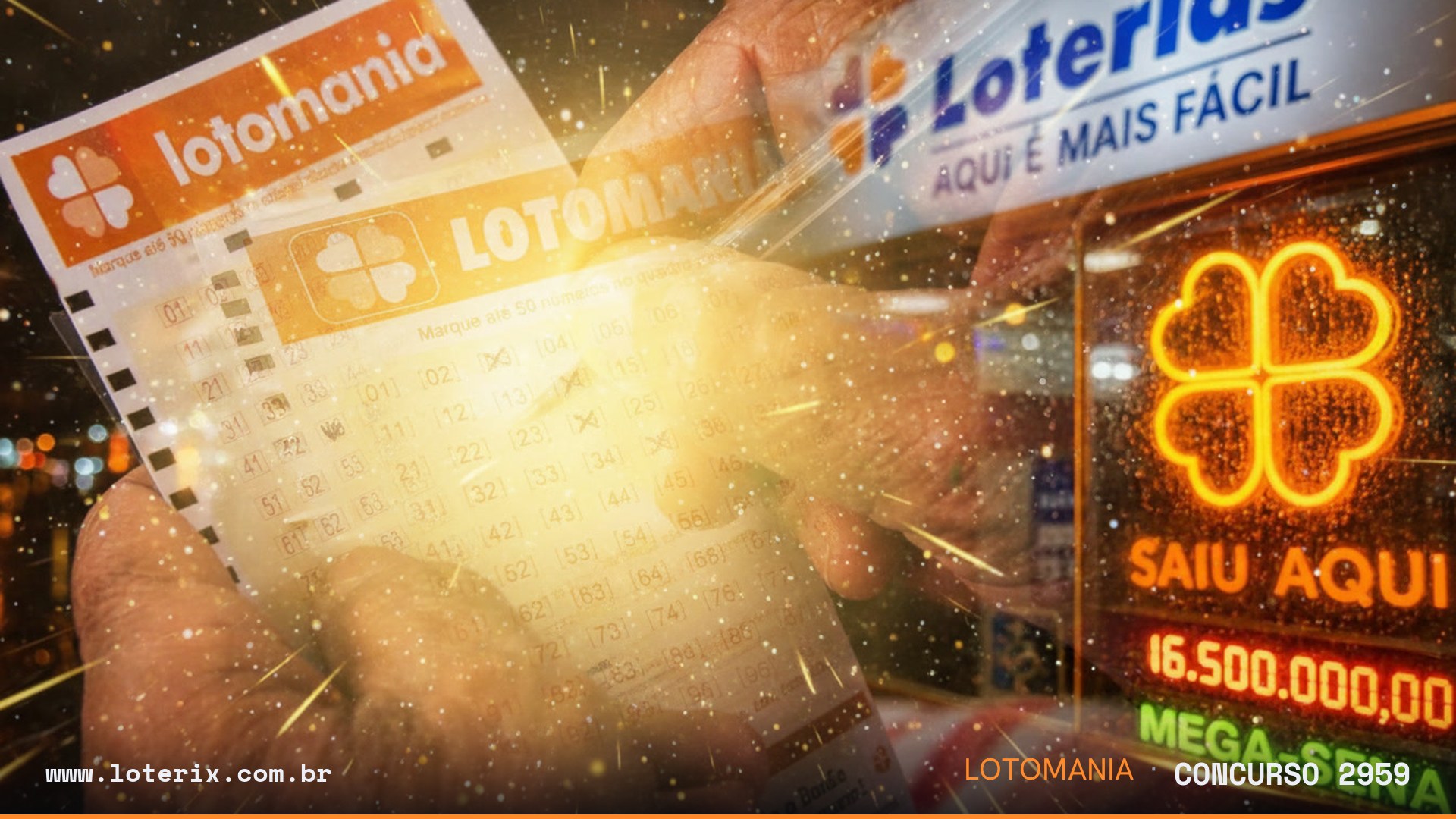 Dezenas sorteadas da Lotomania 2959: 05, 08, 10, 12, 22, 27, 33, 35, 36, 43, 49, 50, 56, 61, 63, 64, 65, 70, 74, 93