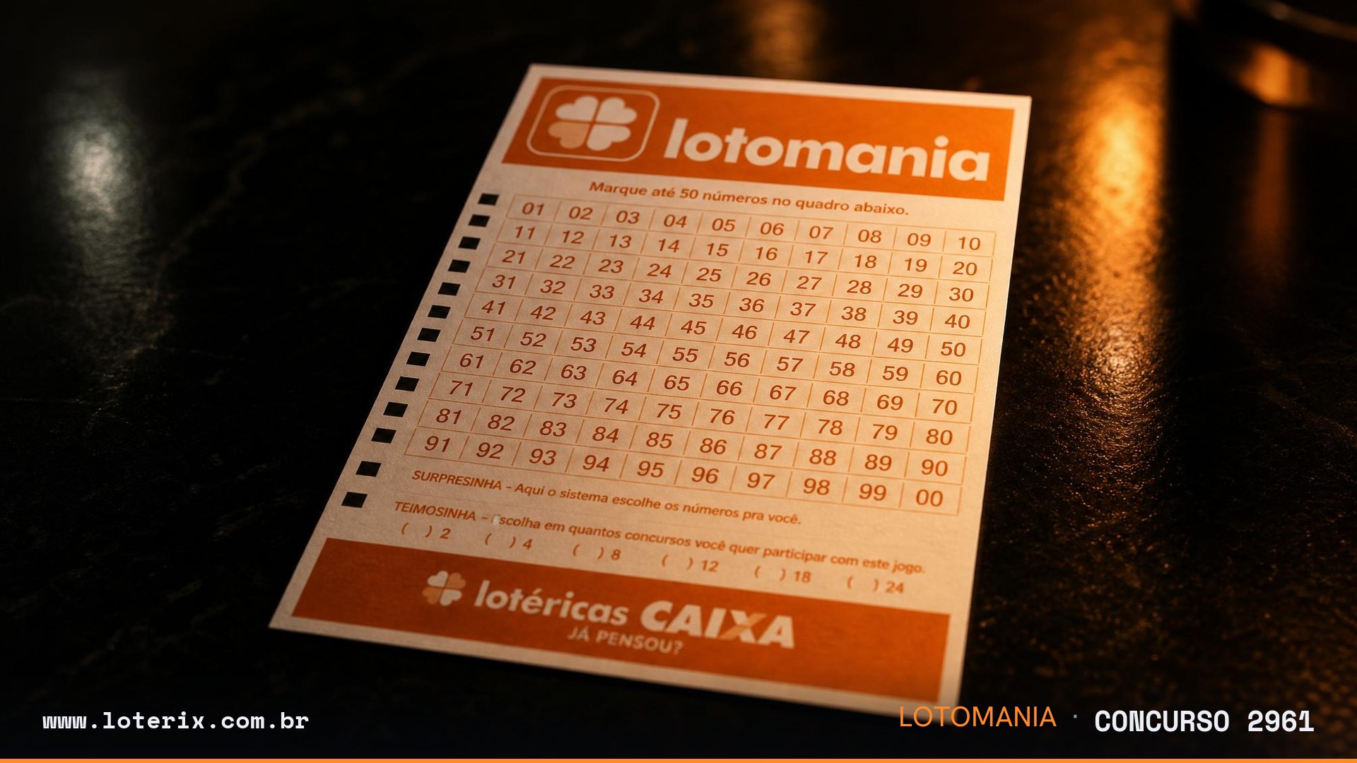 Dezenas sorteadas da Lotomania 2961: 04, 09, 10, 20, 25, 26, 32, 38, 39, 47, 50, 52, 53, 58, 62, 63, 77, 80, 89, 91