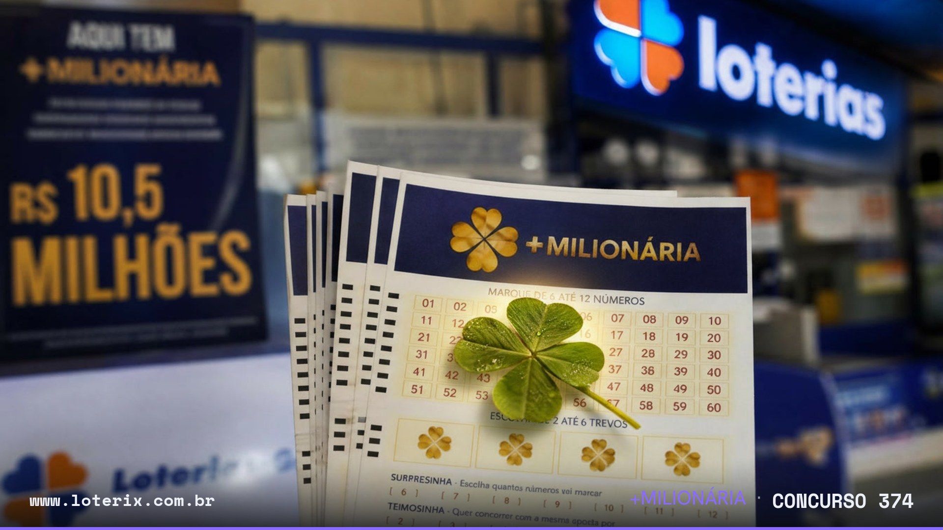 Dezenas sorteadas da +Milionária 374: 02, 04, 08, 28, 30, 37