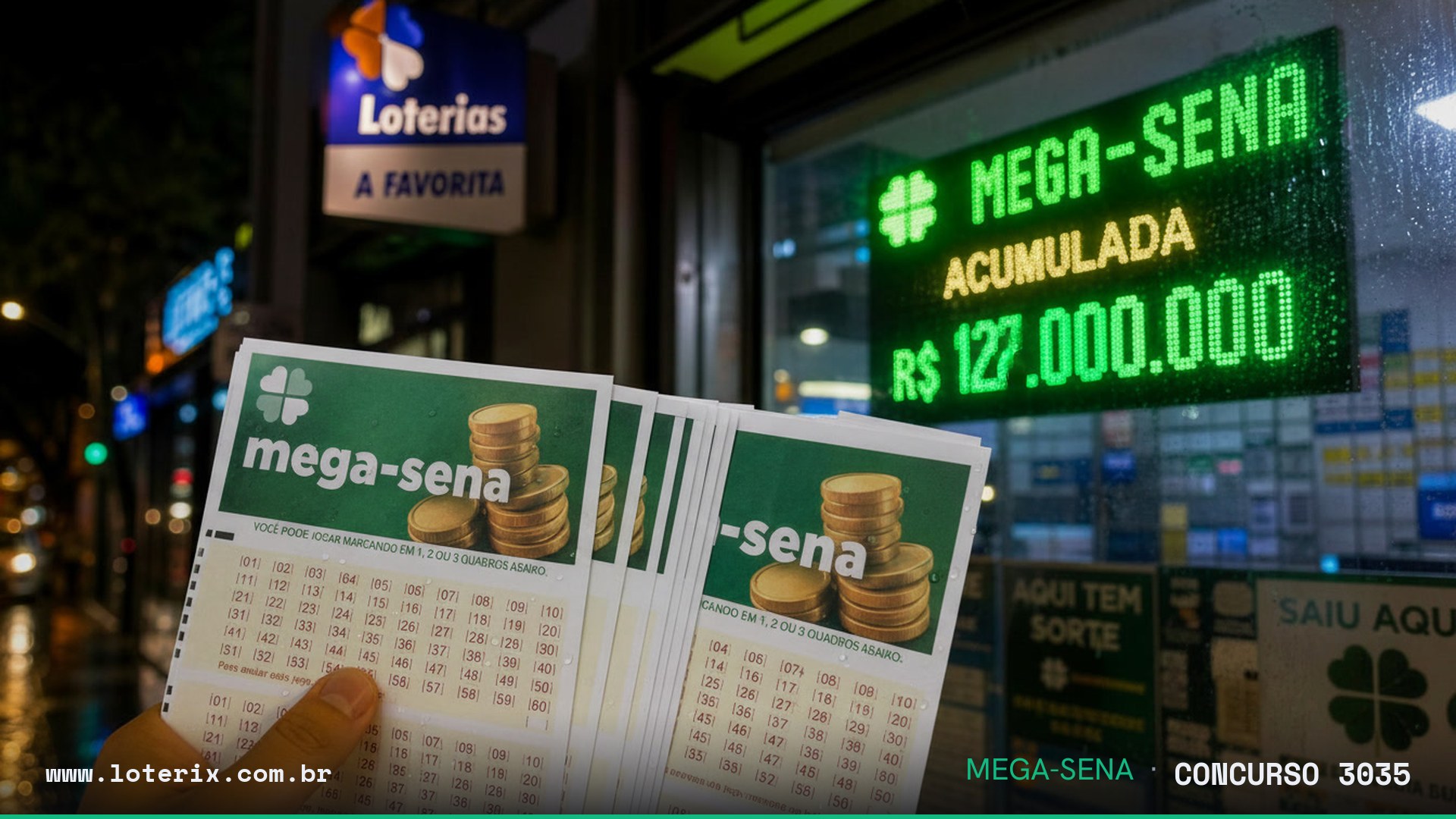 Dezenas sorteadas da Mega-Sena 3035: 05, 07, 17, 51, 56, 59