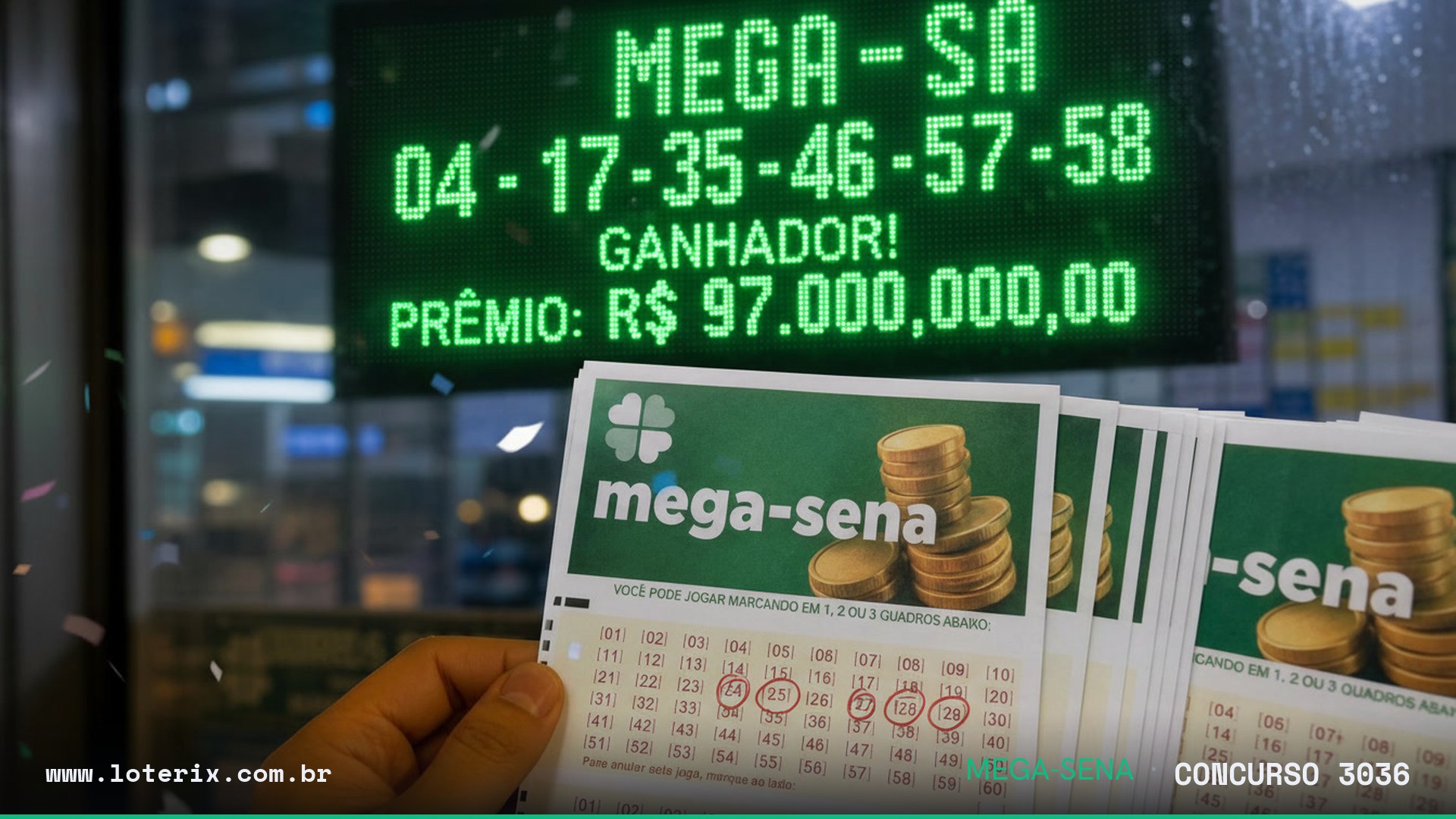 Dezenas sorteadas da Mega-Sena 3036: 05, 12, 21, 33, 43, 50