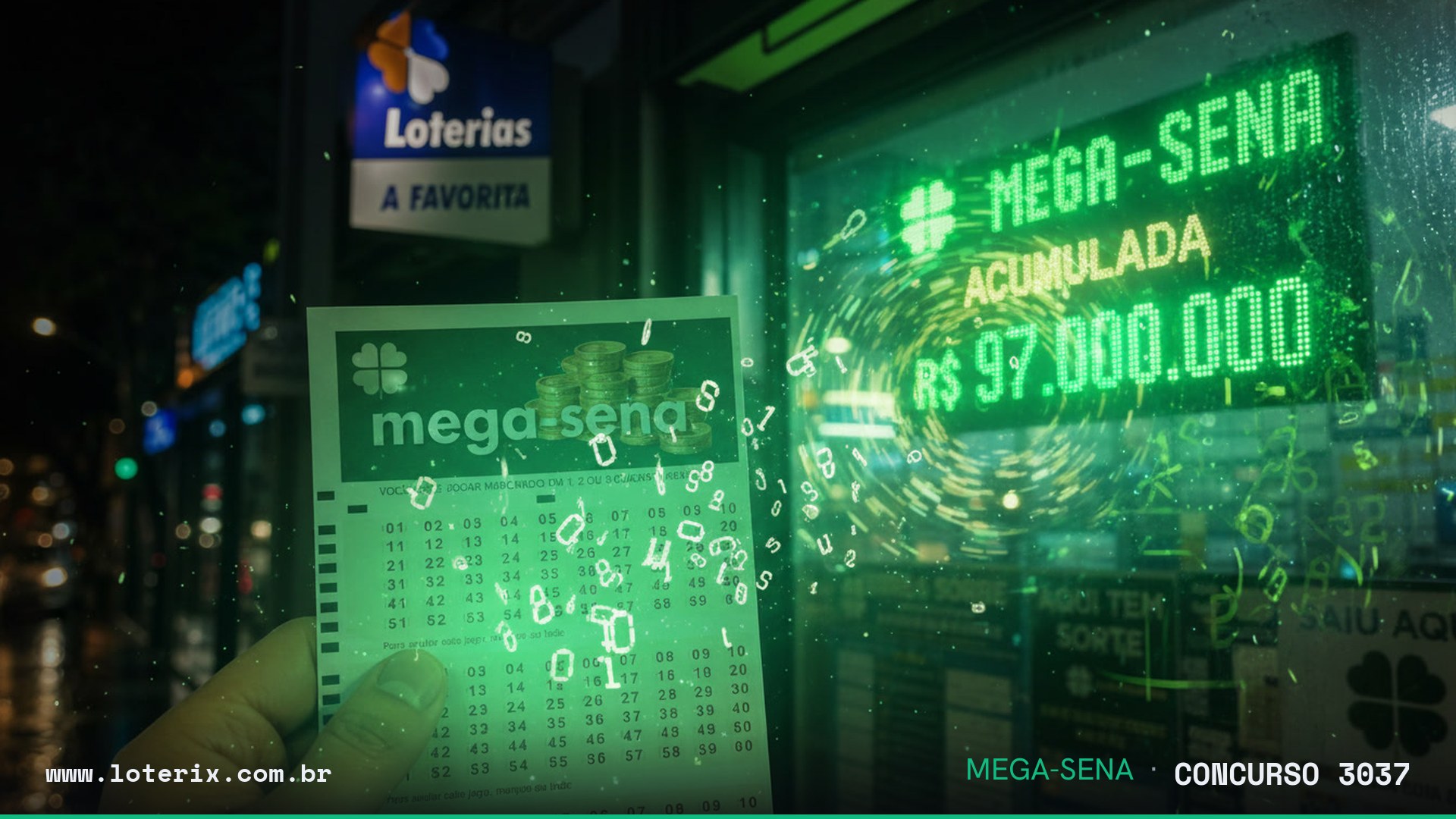 Dezenas sorteadas da Mega-Sena 3037: 02, 11, 22, 30, 51, 54