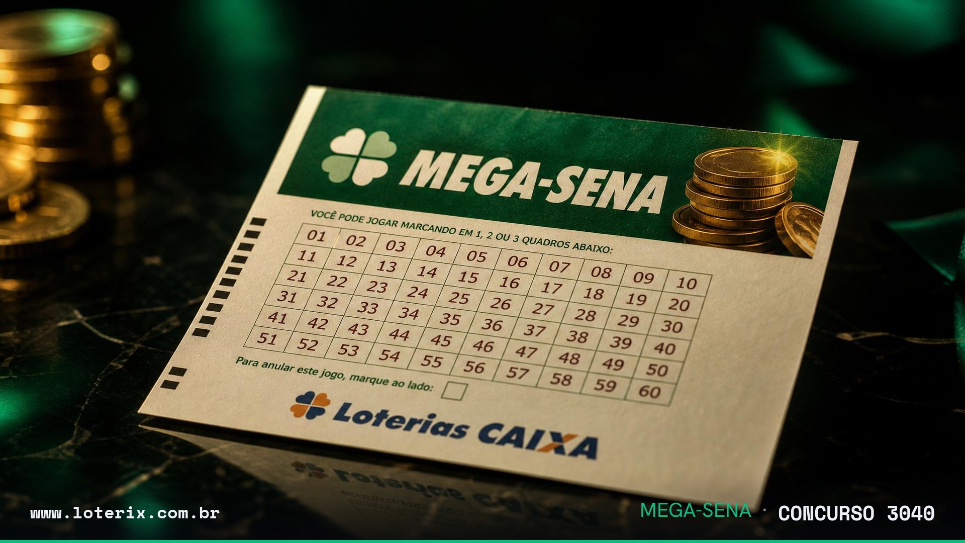 Dezenas sorteadas da Mega-Sena 3040: 03, 16, 24, 30, 49, 54
