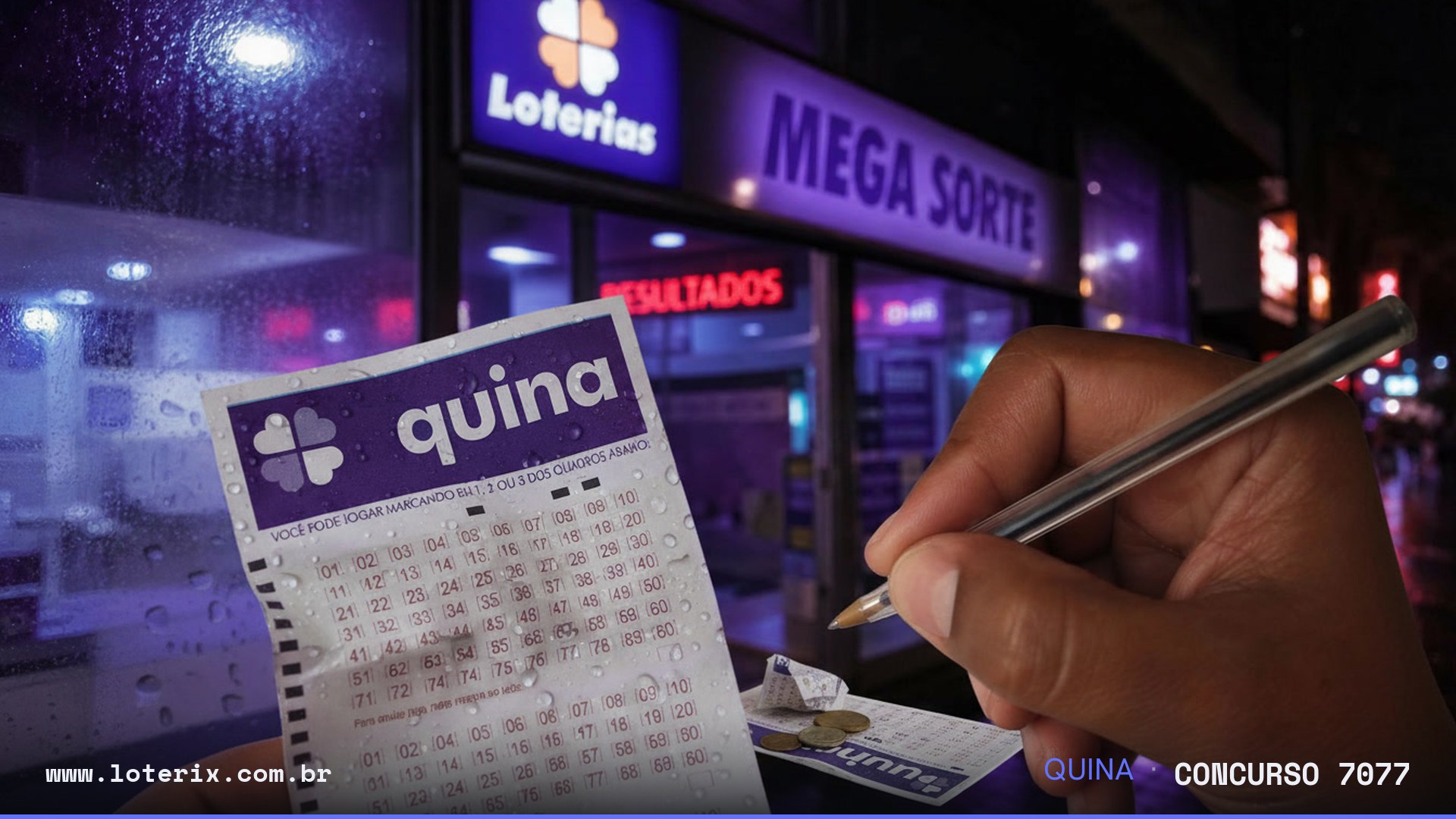 Dezenas sorteadas da Quina 7077: 02, 03, 30, 46, 77