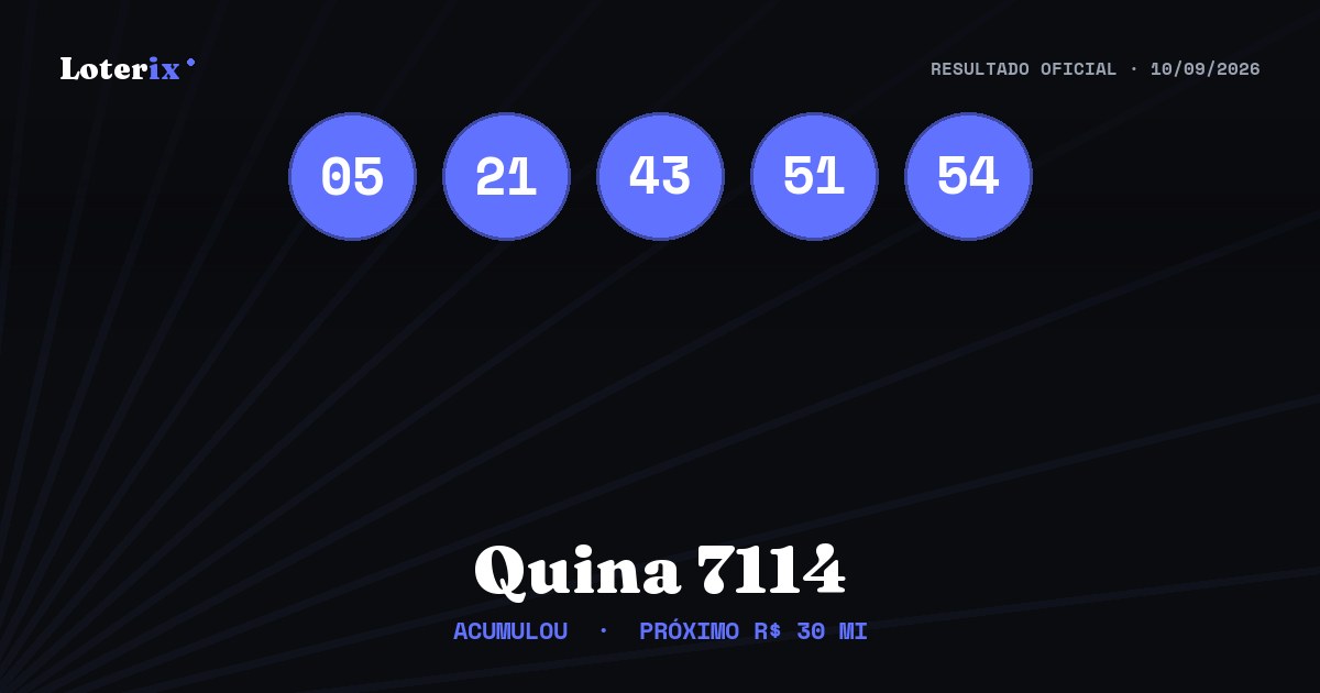 Dezenas sorteadas da Quina 7114: 05, 21, 43, 51, 54