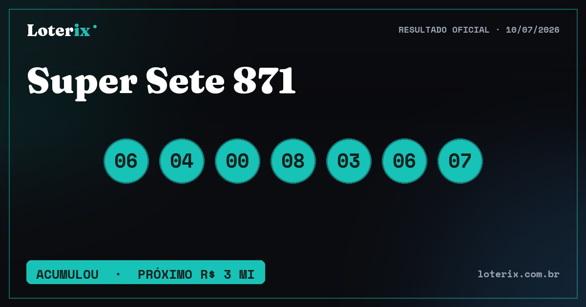 Dezenas sorteadas da Super Sete 871: 06, 04, 00, 08, 03, 06, 07