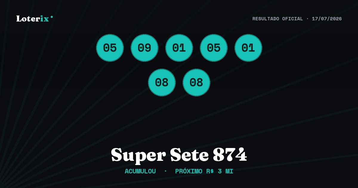 Dezenas sorteadas da Super Sete 874: 05, 09, 01, 05, 01, 08, 08