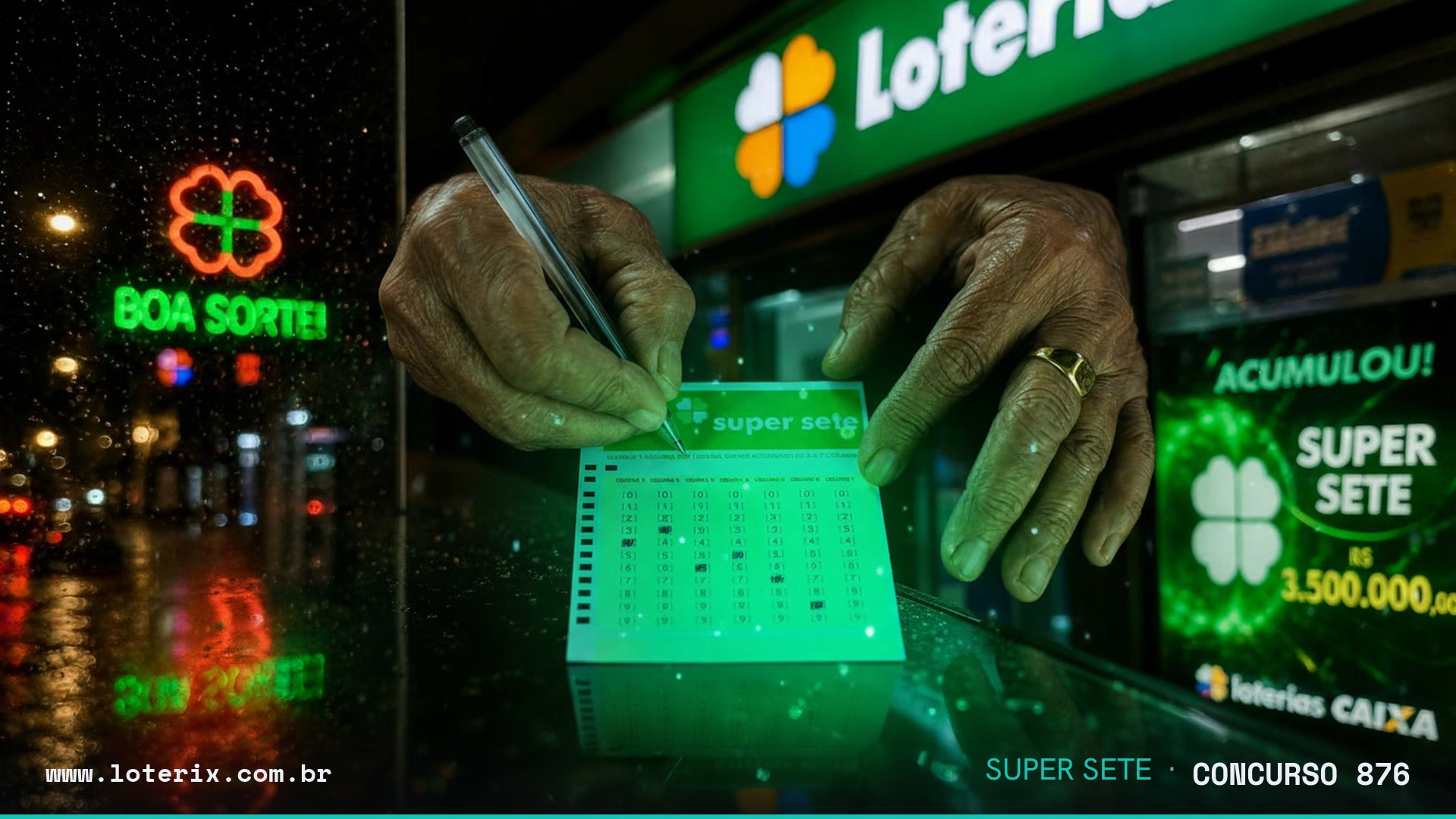 Dezenas sorteadas da Super Sete 876: 01, 05, 09, 05, 06, 04, 07