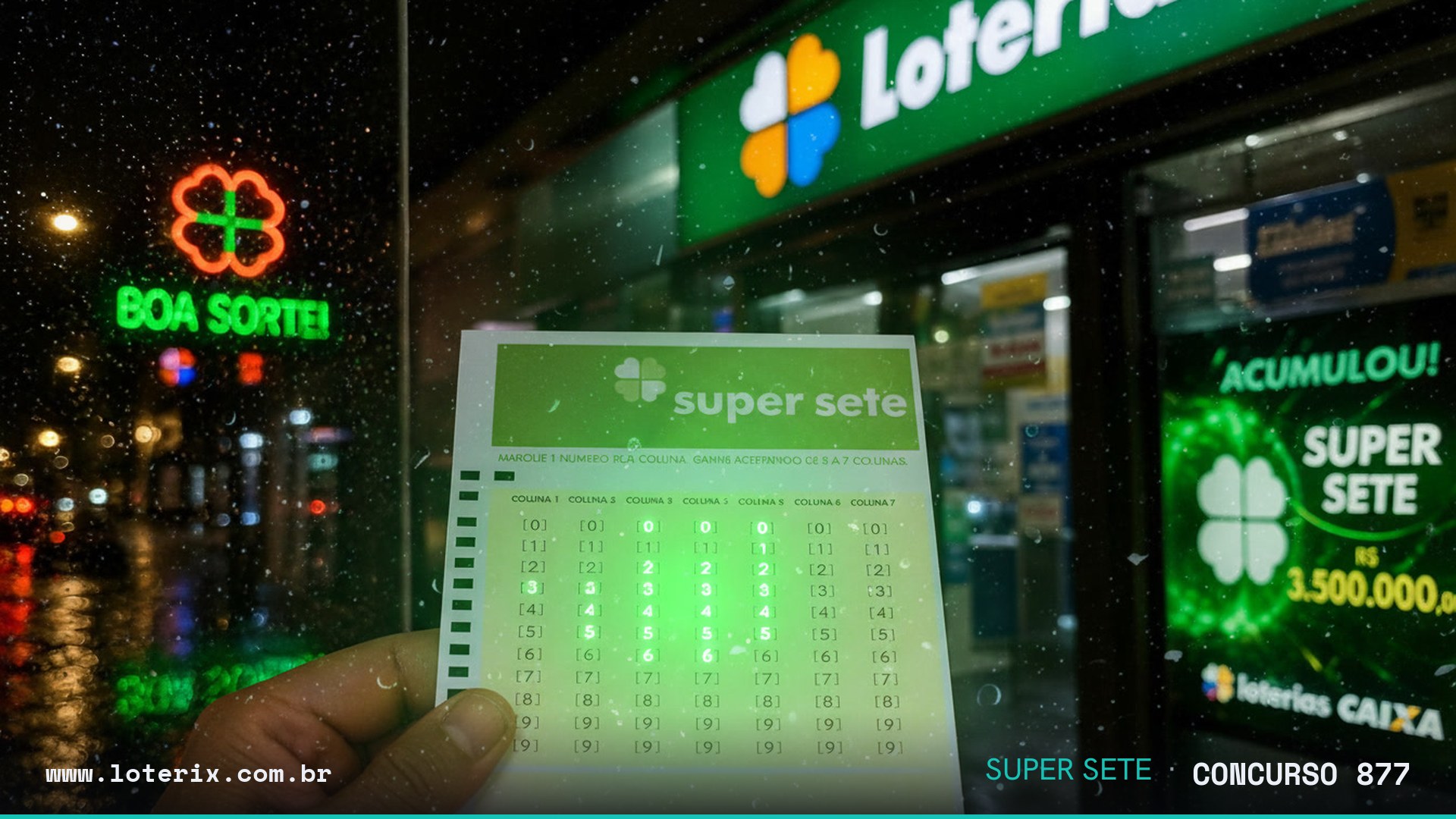 Dezenas sorteadas da Super Sete 877: 00, 00, 05, 05, 01, 07, 03