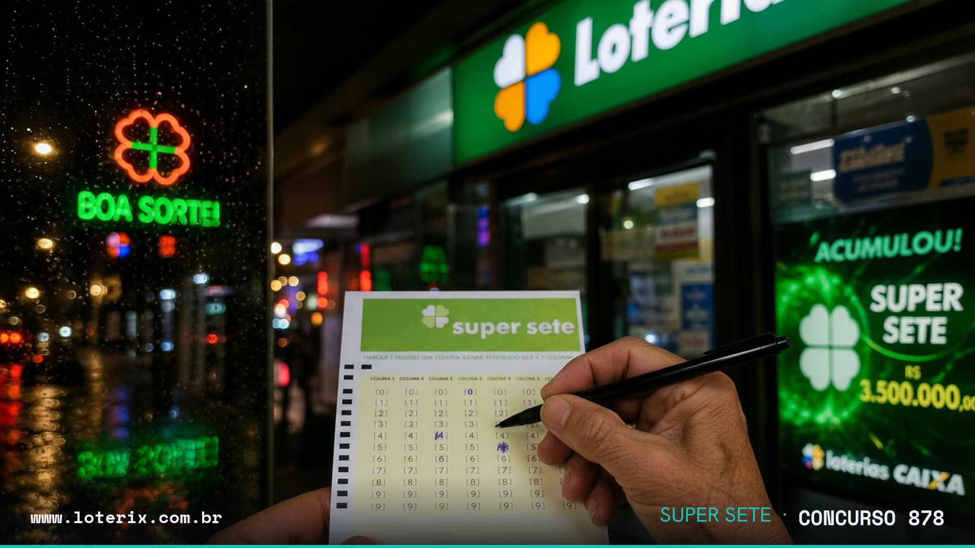 Dezenas sorteadas da Super Sete 878: 05, 05, 00, 01, 07, 05, 03