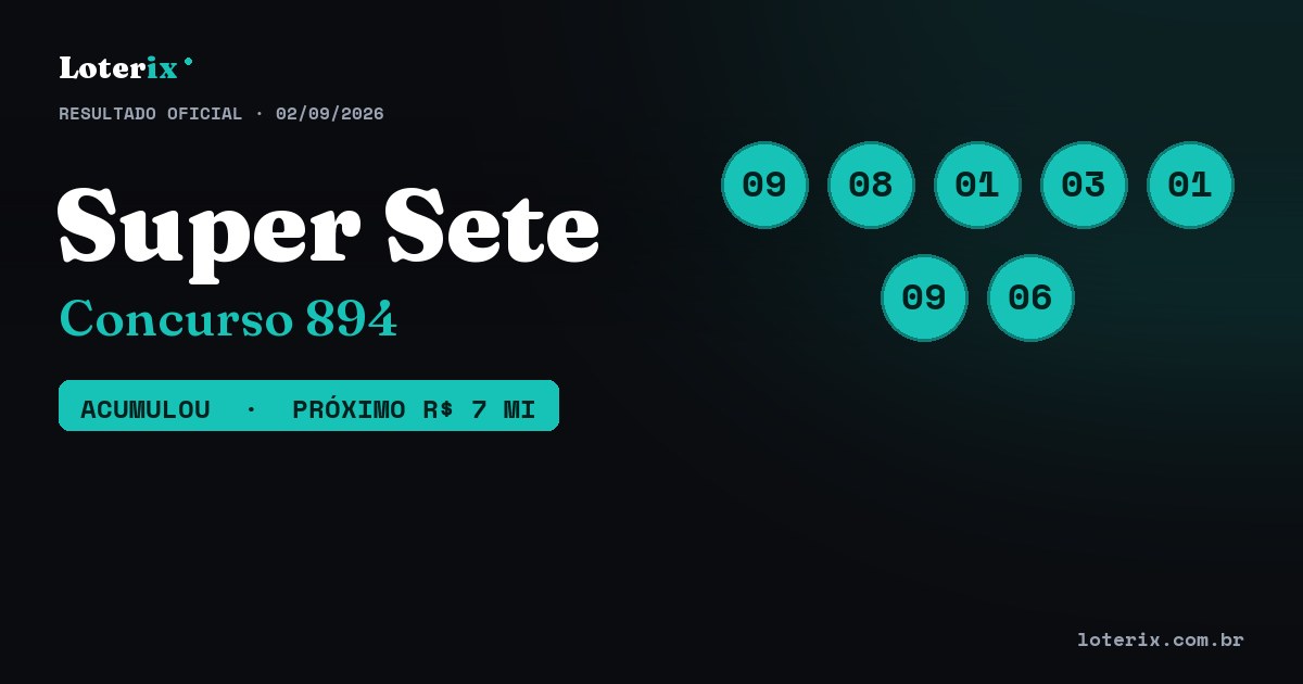 Dezenas sorteadas da Super Sete 894: 09, 08, 01, 03, 01, 09, 06