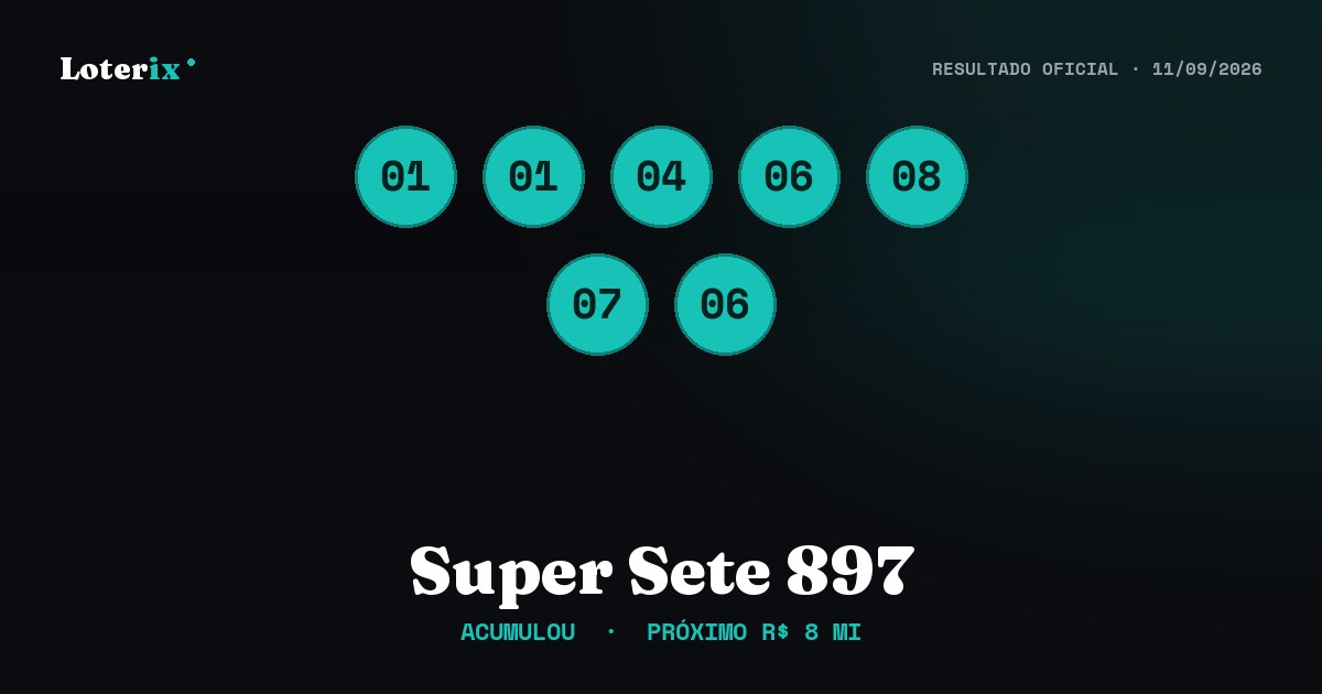 Dezenas sorteadas da Super Sete 897: 01, 01, 04, 06, 08, 07, 06