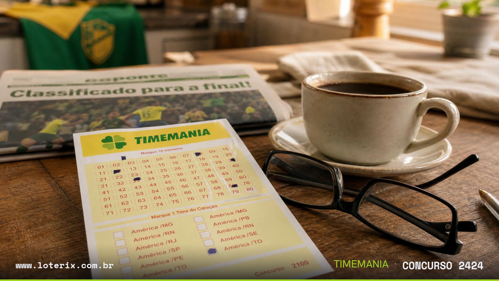 Dezenas sorteadas da Timemania 2424: 11, 18, 30, 32, 36, 41, 60